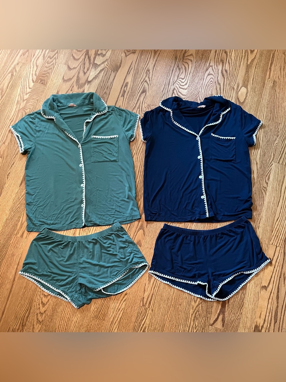 Eberjey Short-Sleeve Pajama Sets in Teal Green & Navy with White Trim